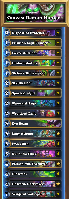 Finally Rank 1 again!! It was around 11 wins from rank 4. Have a 113-58 or 66% winrate with it. No bad matchups on paper. 

Outcast DH is the best deck in the game 💯💯

Deck guide coming soon!

AAECAea5AwTsoAT7vwSkkgXn9QUNs6AEtKAEiLIEmLoE+b8EpeIEiJIFj5IFlJIFpMMF9MMF6/UF4fgFAAA=