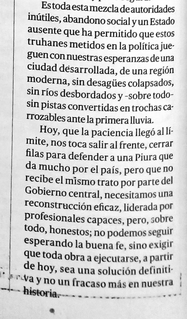 Mela_Svelarde's tweet photo. A los piuranos se nos acabó la "santa paciencia". Extracto de columna de Pedro A. Castro Balmaceda en La República 20-04-23. #APiuraSeLeRespeta https://t.co/pJqzZKdgIg