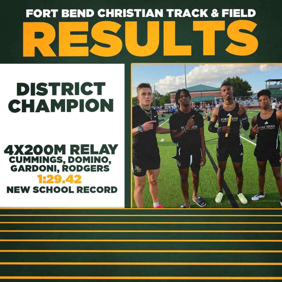 🚨NEW SCHOOL RECORD🚨
Congratulations Luke Cummings, <a href="/TheBryanDomino/">BD2 ✞</a> <a href="/BraylonGardoni/">braylon gardoni</a> <a href="/_JordanRodgers7/">Jordan</a> the NEW FBCA SCHOOL RECORD HOLDERS in the 4x200 relay. 
<a href="/FBCAathletics/">Fort Bend Christian Academy Athletics</a> <a href="/FBEagles/">Fort Bend Christian Academy</a> <a href="/vypehouston/">VYPE Houston</a> @TXPSPodcast <a href="/LSCSN/">Lone Star Christian Sports Network (LSCSN)</a> <a href="/TTFCA/">TTFCA</a>