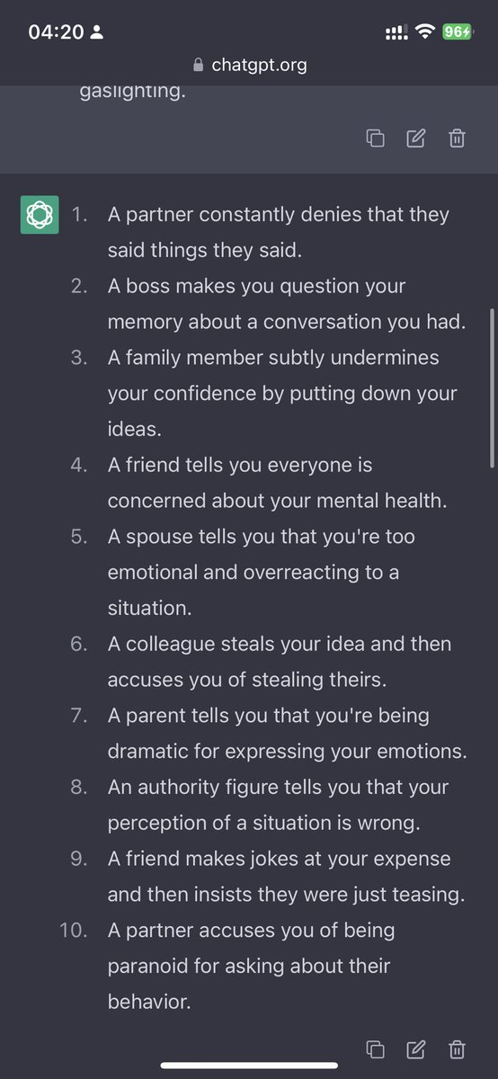 Gutterapali's tweet image. 가스라이팅이 뭔가 생각하게되는 새벽임. 실제로 나도 나르시시스트 부모님덕택에 문제가 많았었는데 아직도 나한테 철좀 들으라고함. 나도 알겠는데 그런말 하는 님은요? 감정조절 1도안되시면서요? 제발성숙하세요. 이게 가스라이팅인가. 관련 책을 읽어봐야겠다. 챗GTP 잼나는군!