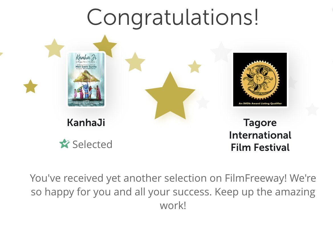Glad to share this amazing news! KanhaJi was just selected by Tagore International Film Festival -23 via FilmFreeway.com!  @tagorefilm #indianfilmfestival #filmfestival #filmmarket #filmmaking #filmmakers #shortfilm #cinema
