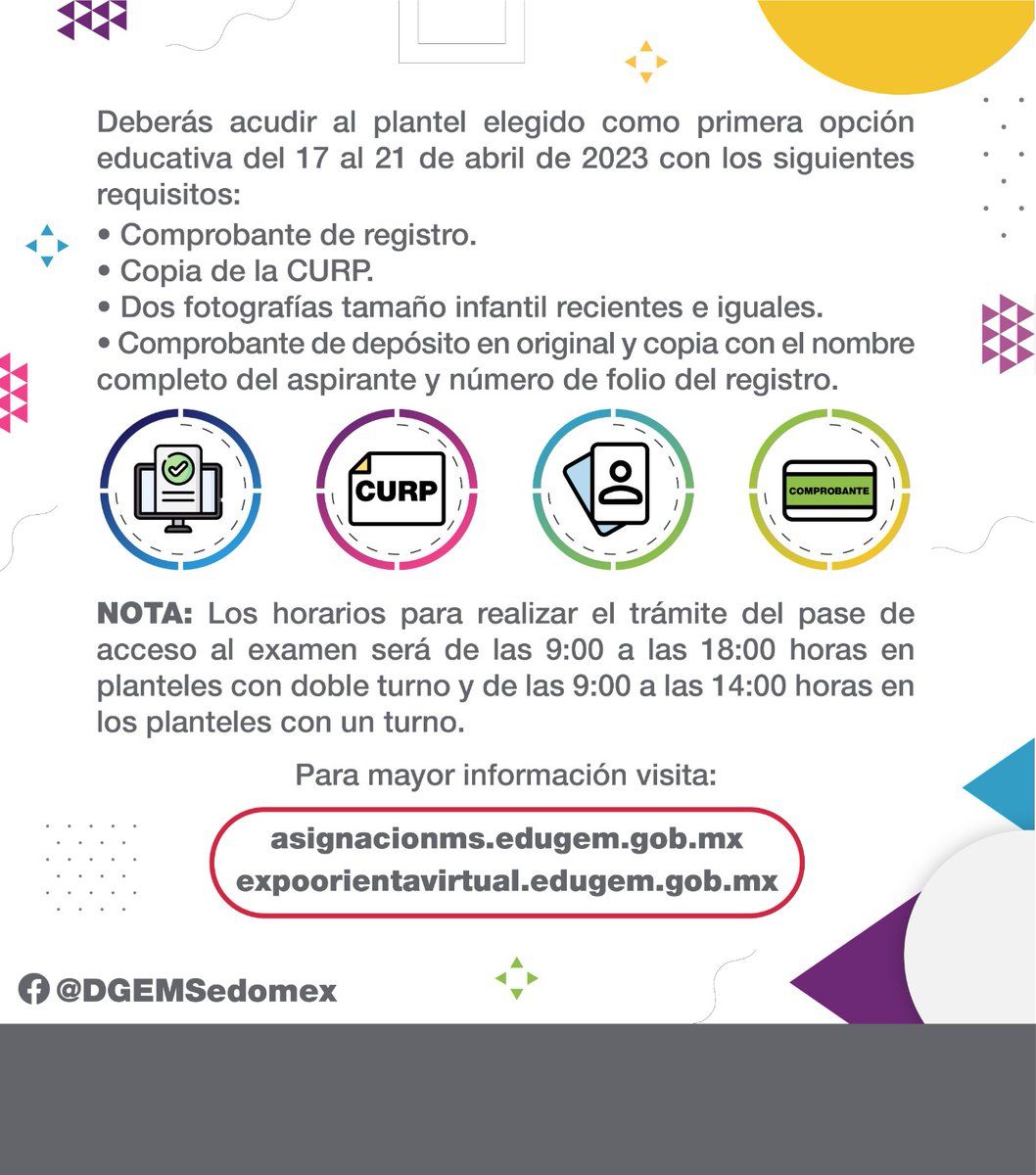 Cbt2Tol's tweet photo. ¡Llegó el momento de obtener tu pase de acceso al examen de los #103MunicipiosEdoméx Tienes del 17 al 21 de abril para acudir a tu plantel elegido como 1.ª opción educativa.
Consulta los requisitos y más información en el siguiente link 👉🏻 https://t.co/a3nFqbpPg5
#EducaciónFuerte https://t.co/AmcpFKPHE0
