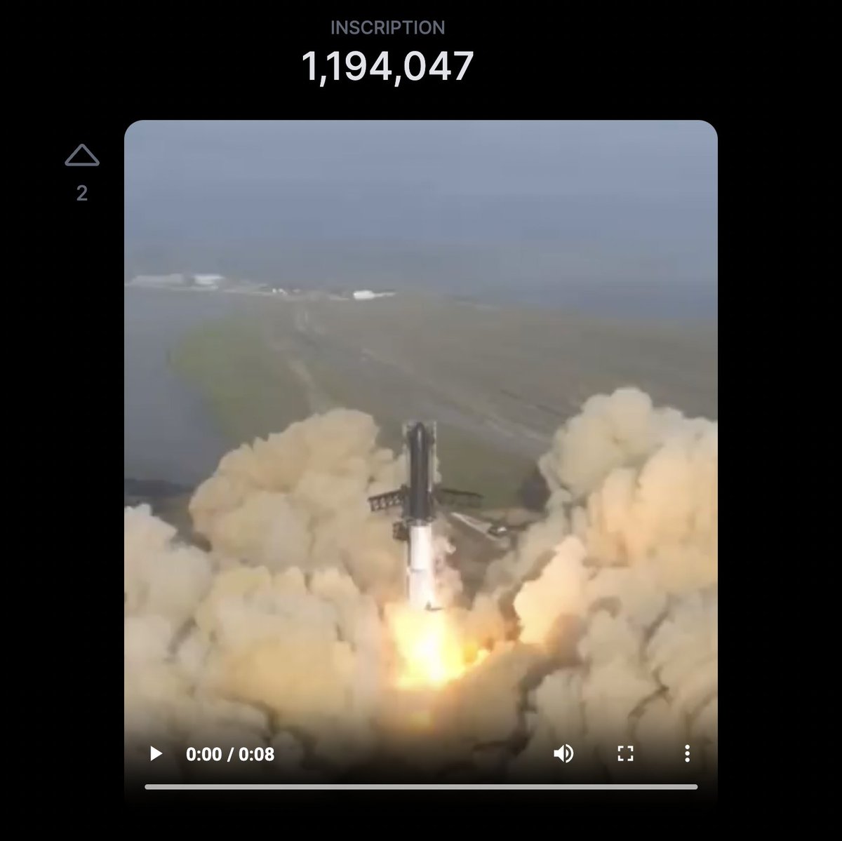 LeonidasNFT's tweet photo. In honor of @SpaceX's first launch of Starship yesterday which brought us one step closer to becoming a multi-planetary species, I inscribed the launch video into Bitcoin so that it will be preserved for our descendants on Mars to enjoy.

Check it out!

→ https://t.co/P3IB92ms9E https://t.co/soWwSXrjm8