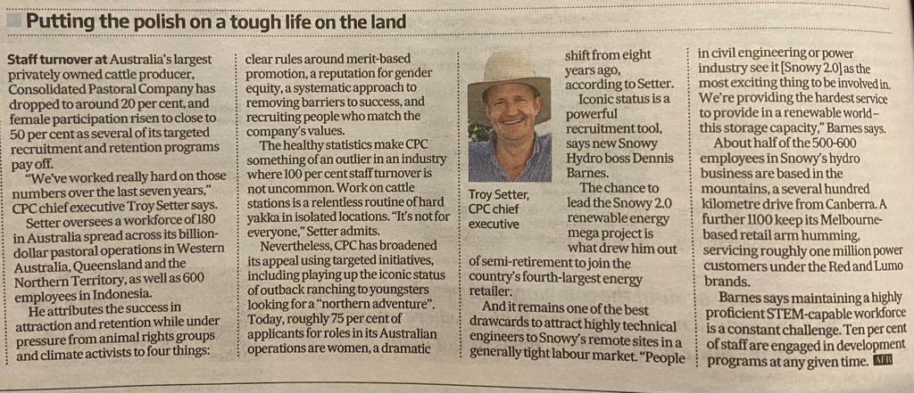 In the @FinancialReview Best Places to Work Awards, @conpastco has just been awarded 2nd place in the Agriculture, Mining & Utilities category. Our team are a vital link in the continuing success of CPC, so congratulations to our team! #bestplacestowork @troysetter