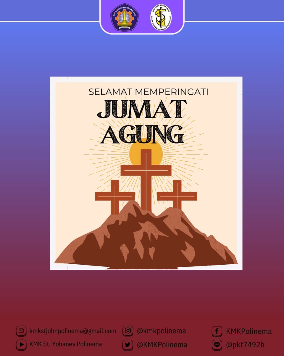 ✝️[Hari Jumat Agung] ✝️
.
Jumat Agung merupakan hari dimana kita mengenang peristiwa penyaliban di Bukit Golgota.
.
Pada hari ini, sekali lagi iman kita dipertemukan dengan kasih Yesus yang tak terkirakan. Tuhan Memberkati
.

#jumatagung #kmk #kmkpolinema #kmkkasih