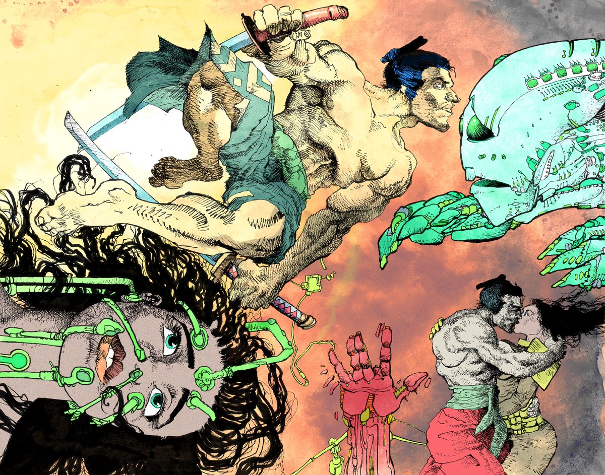 TheQmethod's tweet photo. Rōnin Book II: layouts by @frankmillerink, with finishes and colors by @theqmethod #FrankMiller #Ronin #MakingComics #TheQmethod https://t.co/P4TcZcYjrB