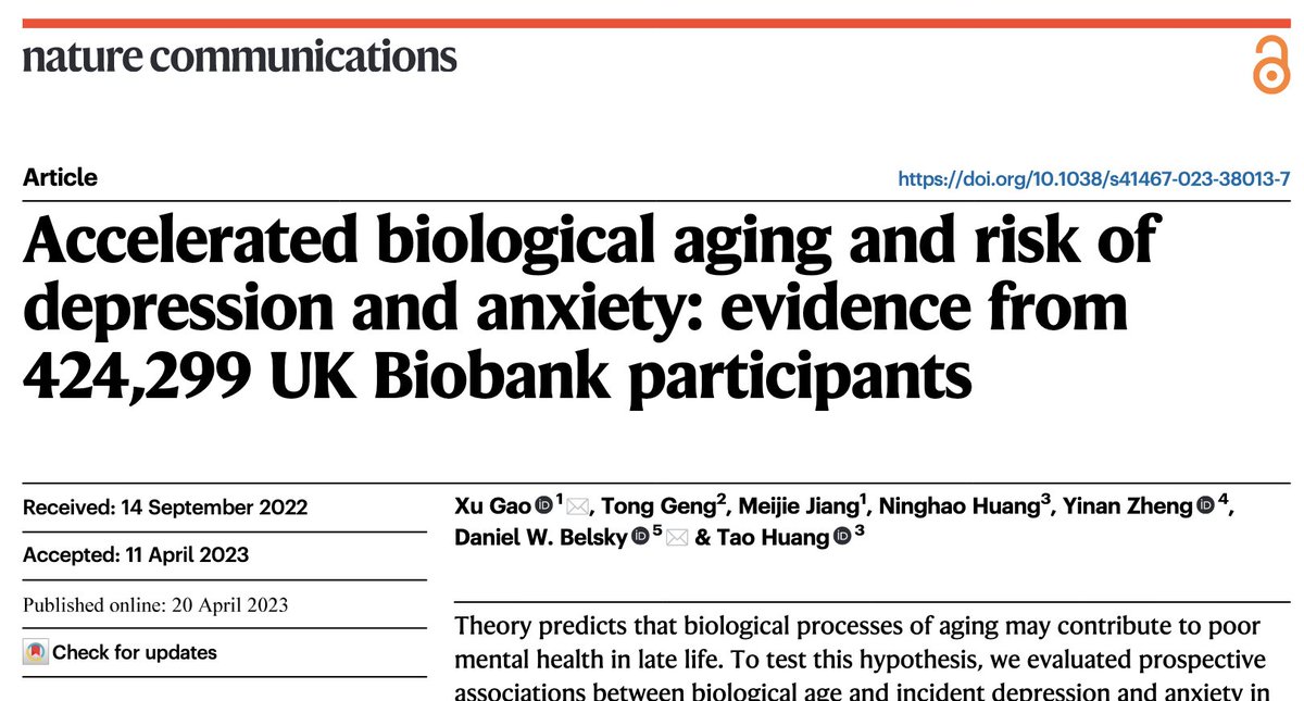 Here is my latest research with @Danbelsky rdcu.be/damGj on [#aging and #mentalhealth ], published with @NatureComms. Aging could promote incident depression and/or anxiety. @PKU1898 @ColumbiaMSPH @ColumbiaAging