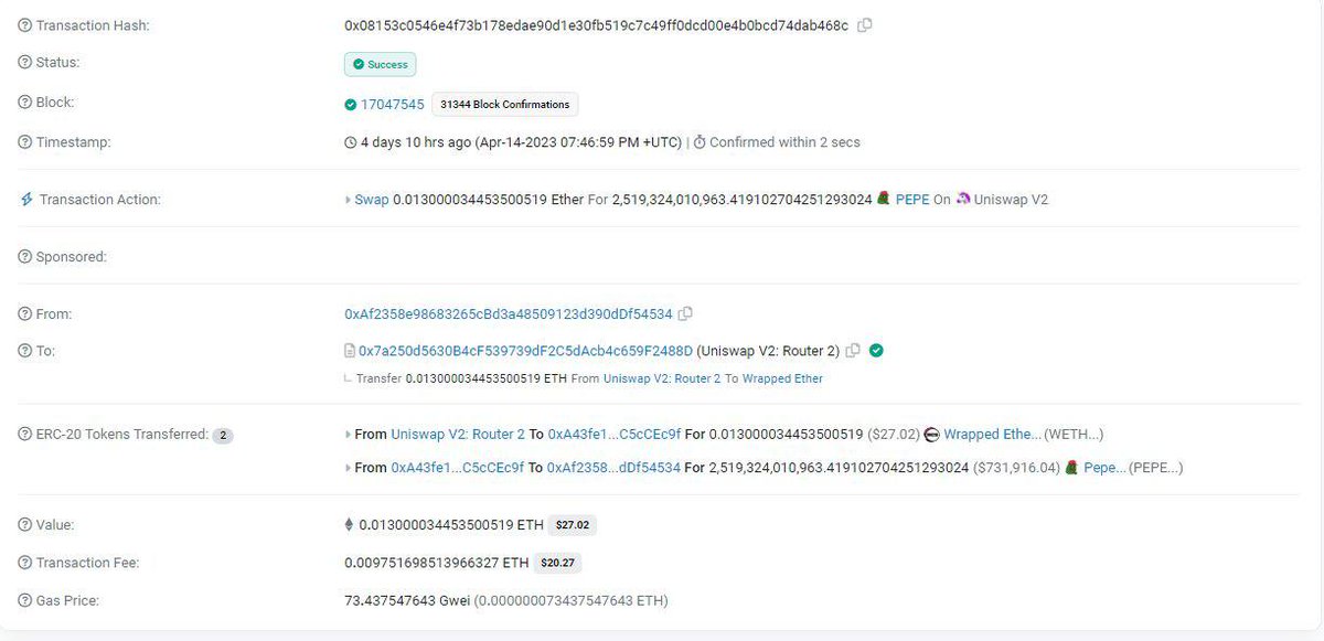 1ATHStudio's tweet photo. 🤑 Unbelievable! One lucky investor turns a $27 investment in Pepe (PEPE) meme coin into almost $1 million! A shining example of the unpredictable world of meme-based cryptocurrencies. 💰🚀 #PepeCoin #CryptoWin #MemeCoinSuccess https://t.co/RP3BdaobBV
