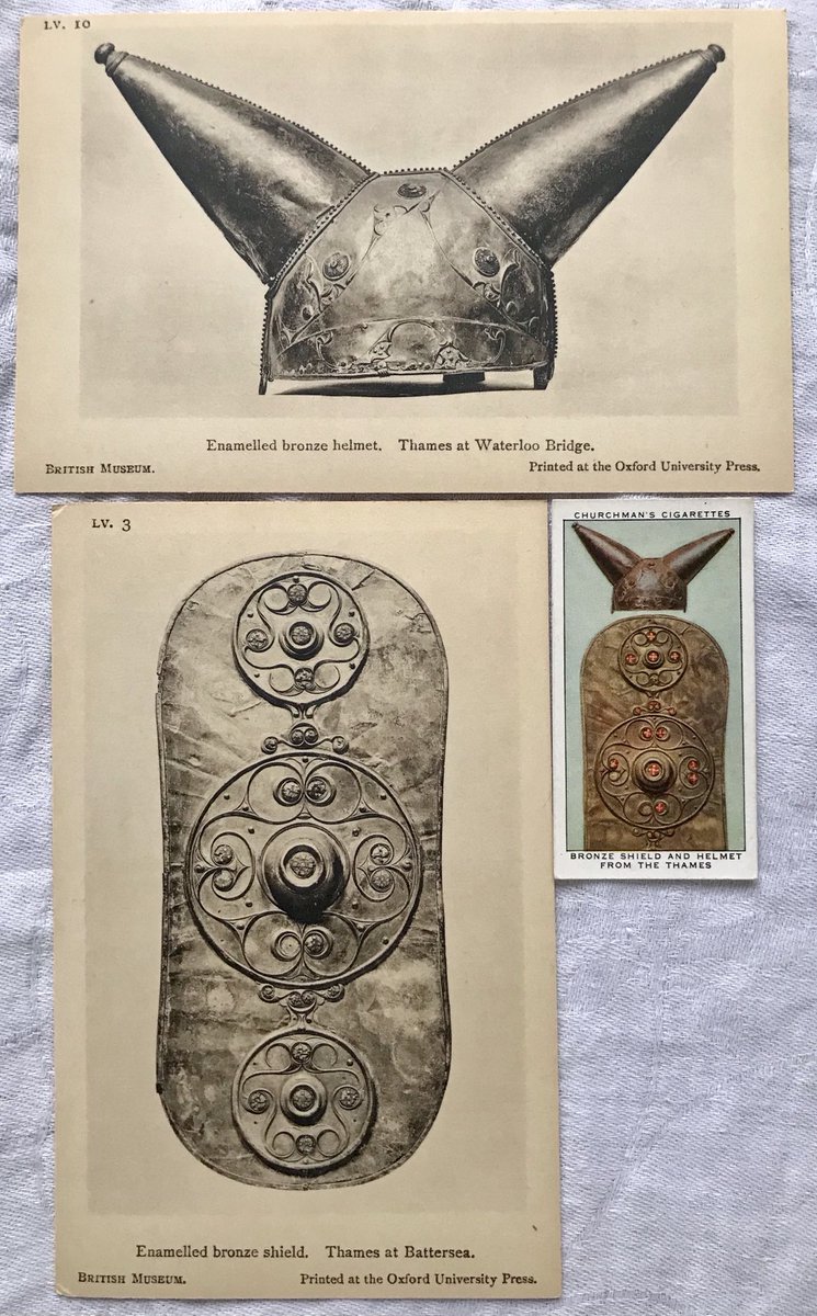 The Iron Age Battersea shield and Waterloo Bridge helmet from the Thames; British Museum postcards c.1920s &amp; Churchman’s cigarette card 1937
#FindsFriday