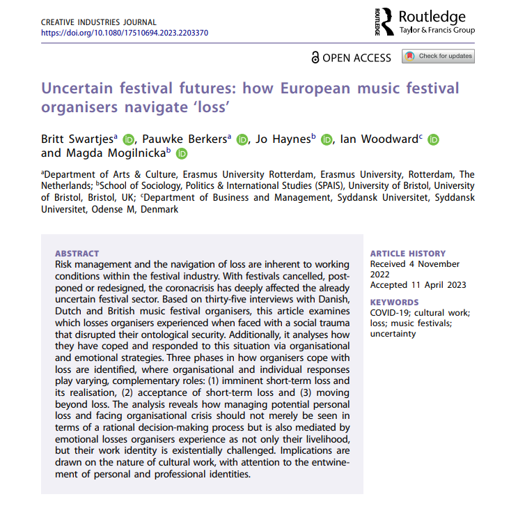 How did music festival organisers experience their work during #COVID19? How did they cope with loss and organisational crisis? Our paper exploring these topics is now published in Creative Industries Journal @PauwkeBerkers @drjohaynes @ianswoodward <a href="/MMogilnicka/">Magda Mogilnicka</a> <a href="/FestiVersities/">FestiVersities</a>