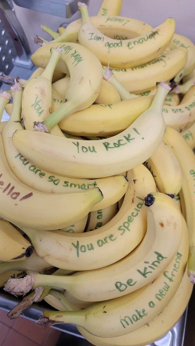 MontesGenessee's tweet photo. THANK YOU, Jag Cafeteria, for writing special notes on our Jags bananas for breakfast! Our kids loved the messages right before testing and on Banana Day! 💜💛 #mpsinspire  @mpsaz @MPSFoodServices https://t.co/SkLdn7TiJl