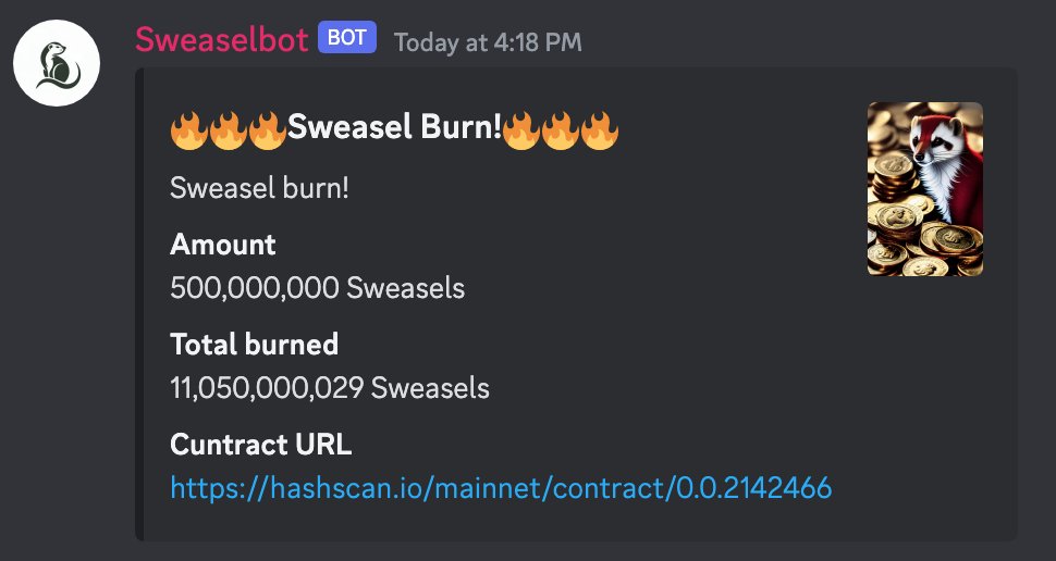 SweaselToken's tweet photo. Another 500 Million $SWZ burnt to a crisp!🔥🔥🔥 That's OVER 11 BILLION total! 🥵

#Sweasel never tires of playing with fire.

Don't get burned yourself! Get your #sweaseltoken today!

#memecoins #hedera #burntoken #CryptoGems https://t.co/o9Etind8ea