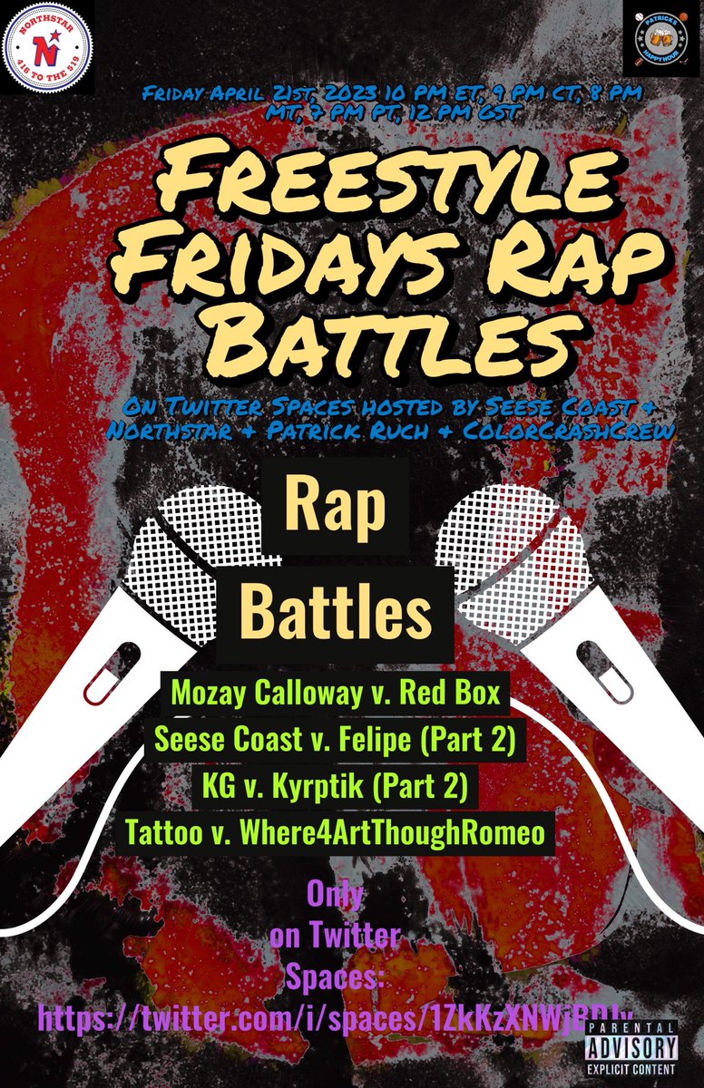 NORTHST35521615's tweet photo. Freestyle Friday has 4 Rap Battles scheduled this week! @daniel_seese @42ozz @Redbox_OP  @mozaycalloway @King_KhryptiK @knowgood43r @Sir_Cut_Em_Up #LetsGetit #ColorCrashCrew #TheRealFreestyleFridays #WeLIVE #FF #FreestyleFridays https://t.co/542yEhMw6y