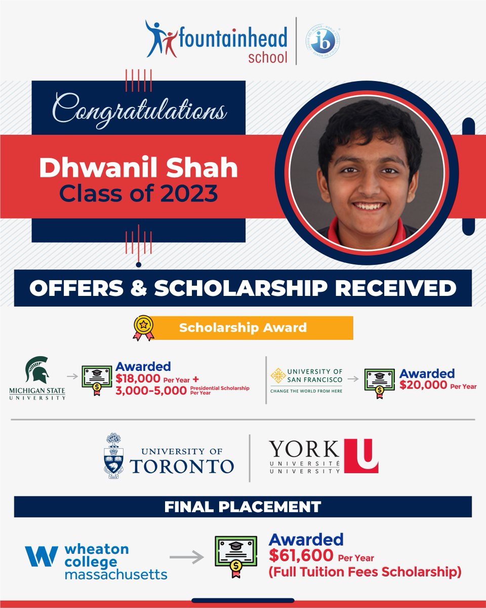 We're happy to announce that Dhwanil Shah from the Class of 2023 has received offers from five universities and scholarships from three. He will soon be joining Wheaton College, Massachusetts.

We wish him all the best!

#FSStudents #FSWay #FSLife #IBDP #FSPride  <a href="/iborganization/">International Baccalaureate</a>