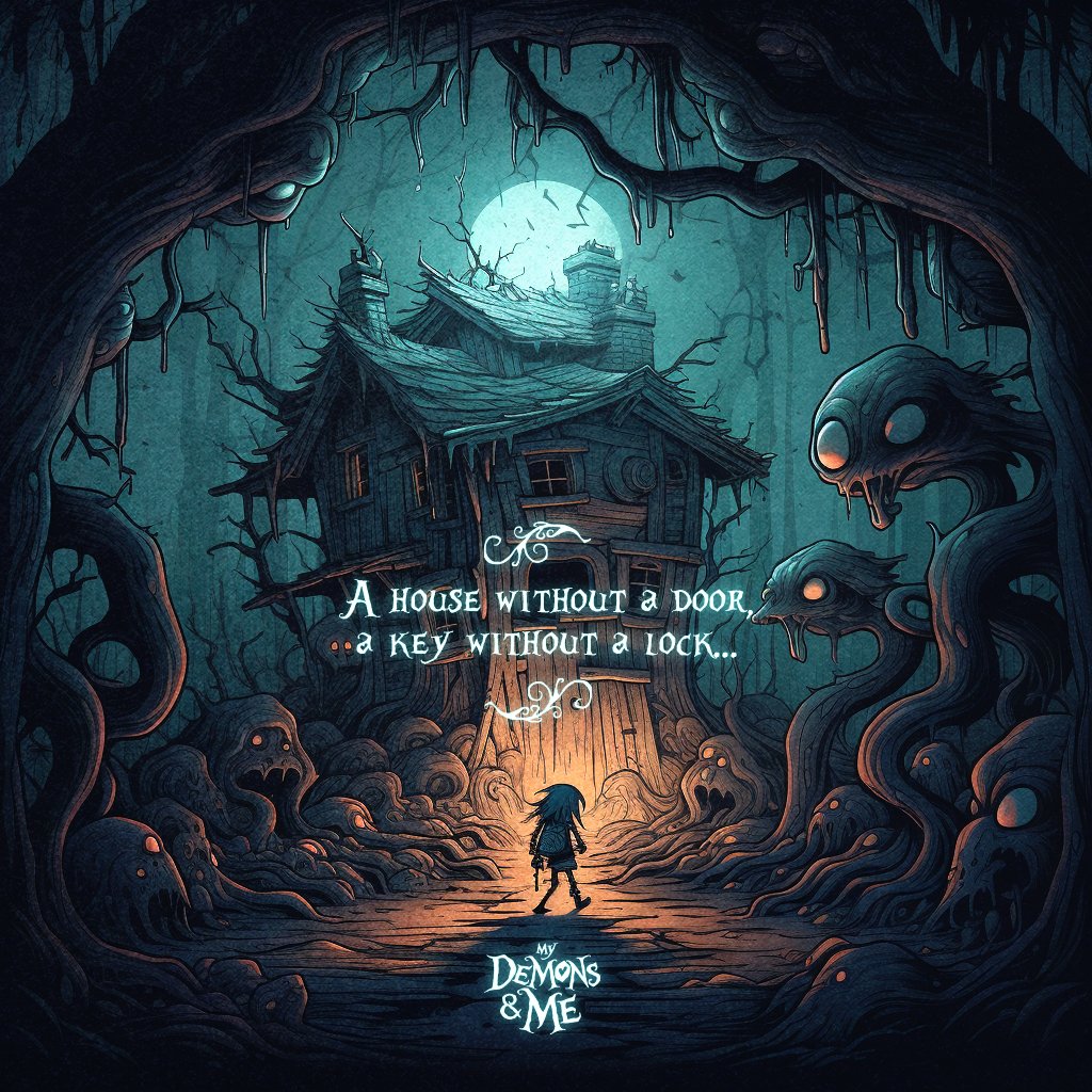 A house without a door, a key without a lock,
Amidst the dark woods, where demons do flock.
But within its walls, the answer lies,
Present the key, to free your eyes.