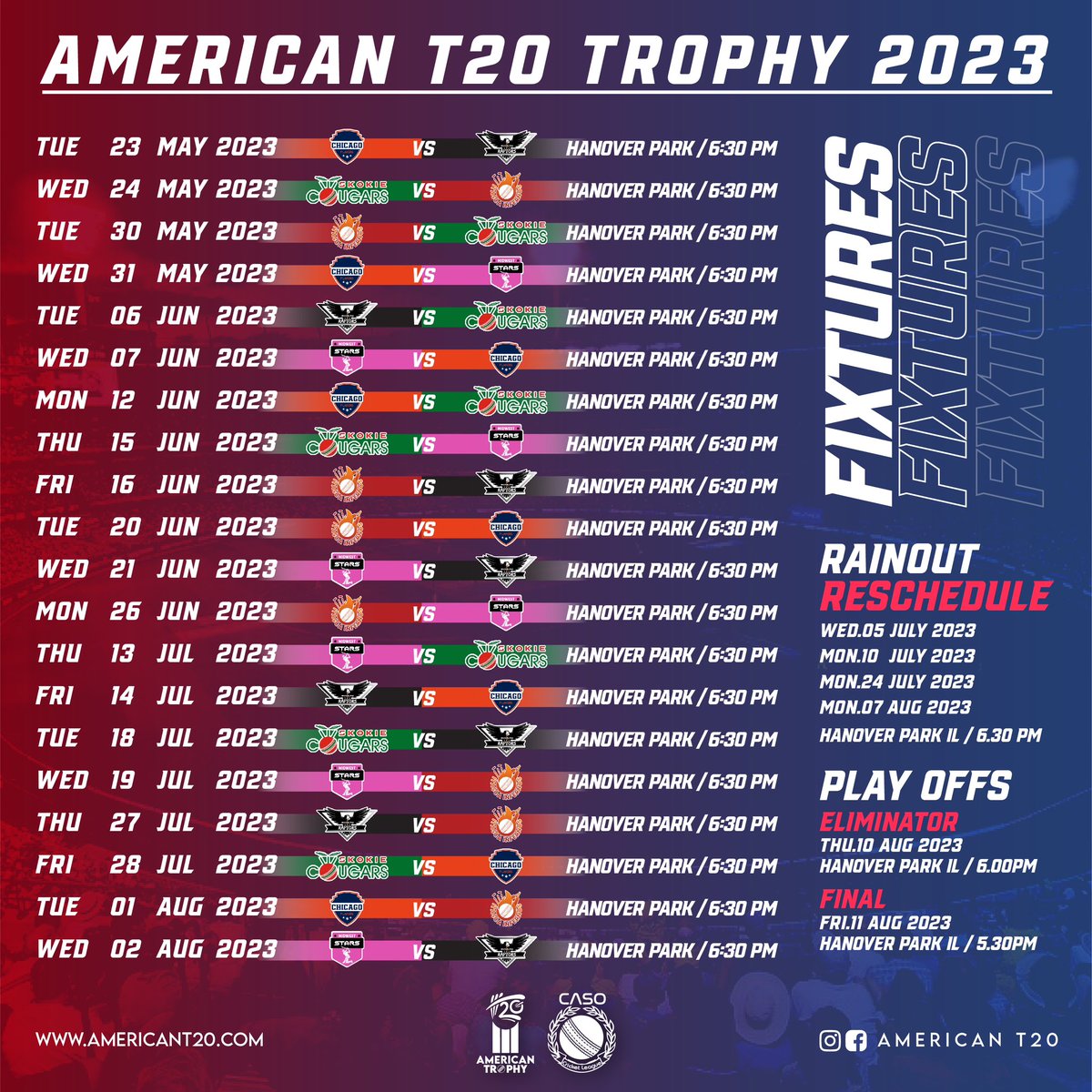 AmericanT20's tweet photo. #AmericanT20 #Schedule #USACricket #ChicagoCricket #CASOCricketLeague https://t.co/rf9H92fRMk
