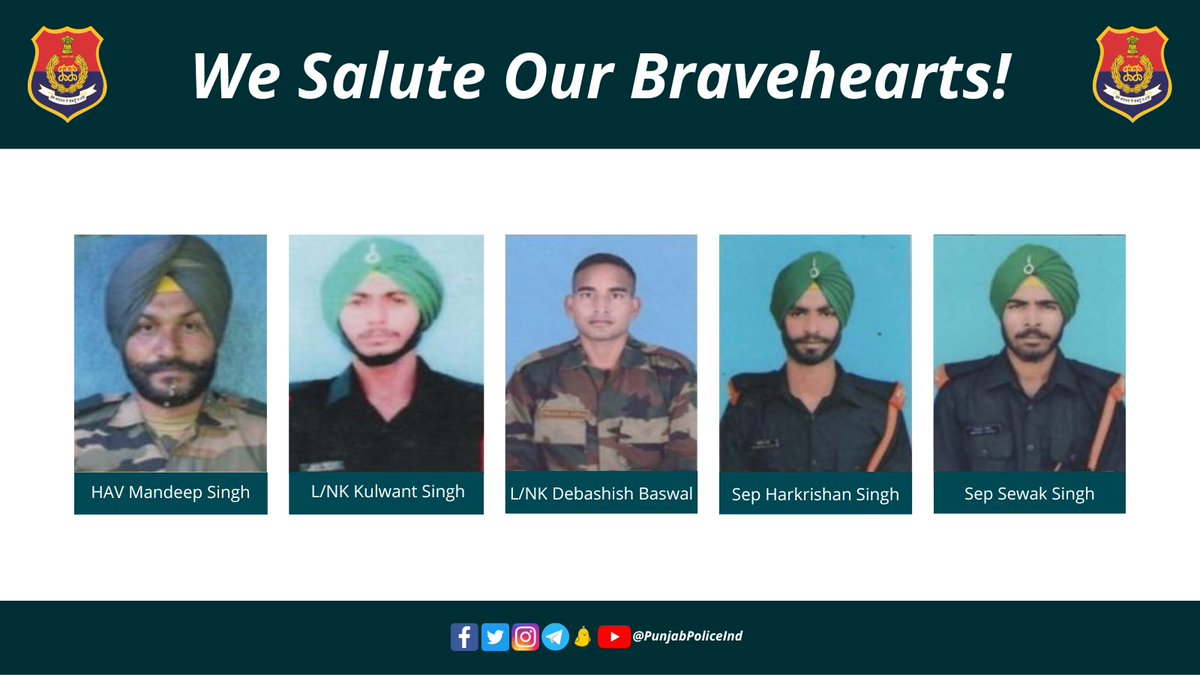 We are proud of our Bravehearts! 

#PunjabPolice pays tributes to the five Indian Army soldiers martyred in an encounter with militants in #Poonch, Jammu&amp;Kashmir. The nation will remain indebted to them for their supreme sacrifice.

#JaiHind #IndianArmy (1/2)