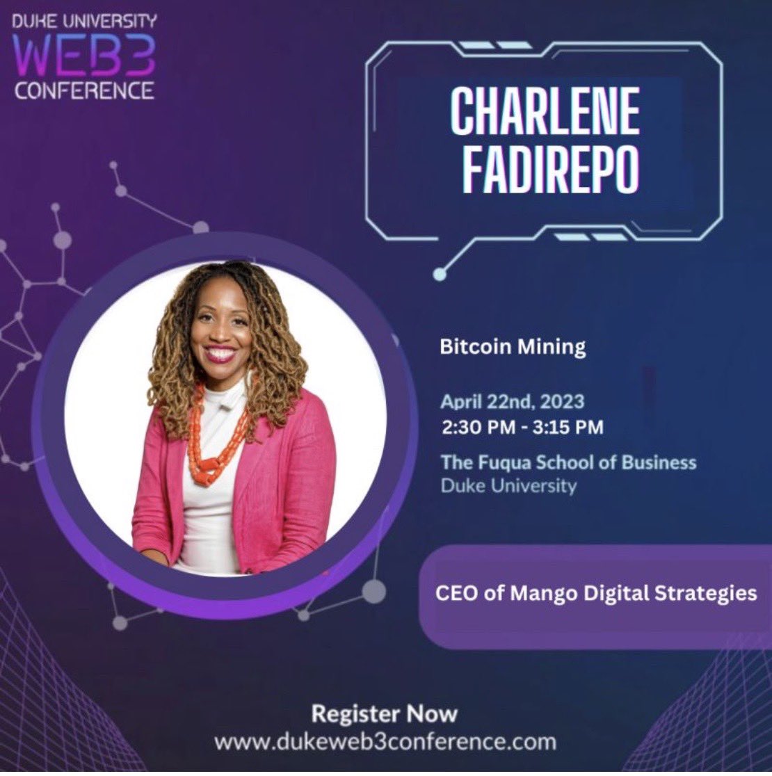CharFadirepo's tweet photo. I’m thrilled to have the chance to go back to my alma mater @DukeFuqua, to speak at Duke’s Web 3 Conference this weekend!

I’m looking forward to an exciting conversation with Fuqua students about #Bitcoin mining.

What a wonderful full circle moment, cuz I bleed #dukeblue!! #teamfuqua @DukeAlumni