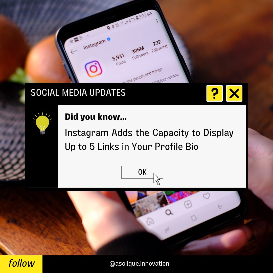 ascliqueinnovat's tweet photo. 🚀 Maximize Your Profile's Potential: Instagram Now Allows Up to 5 Links in Your Bio! 🔗💻📈 #InstagramUpdate #ProfileLinks #BoostYourReach
.
.
.
#InstagramMarketing #SocialMediaStrategy #DigitalMarketing #OnlineMarketing #SocialMediaTips #SocialMediaGrowth #MarketingTips #Small https://t.co/jNbNgyJRQo