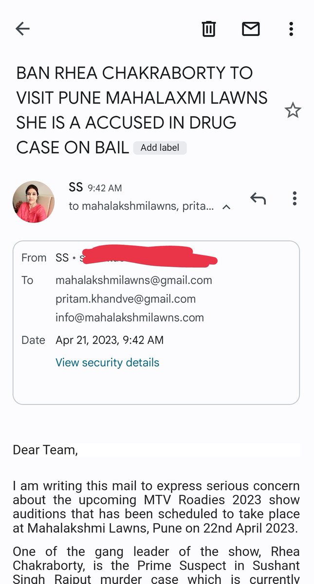 WARRIORS HALLA BOL 🔥🔥🔥

RHEA KO PUNE MAHALAXMI LAWNS MEI NAHI AANE DENA HAI 

PLEASE EMAIL IM HUGE NUMBERS 

KINDLY CHECK THE DRAFT AND EMAILS ID IN THE THREAD BELOW 

I HAVE EMAILED THEM !!
SHOOT YOUR EMAILS NOW

#ArrestRhea