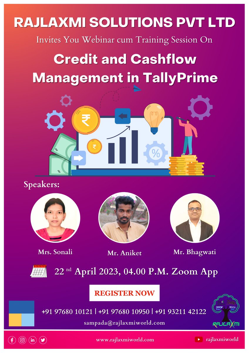 rajlaxmiworld's tweet photo. Training on Credit and Cashflow Management in TallyPrime 
..
Join Zoom Meeting
https://t.co/4VarCIzjm6
Meeting ID: 850 0466 0857
Passcode: 148149
..
#einvoicing #WebinarTraining #RajlaxmiSolutionsPvtLtd #Tallyprime #Editlog #Weeklywebinar #CreditManagement #CashflowManagement https://t.co/wJMuJKMjrE