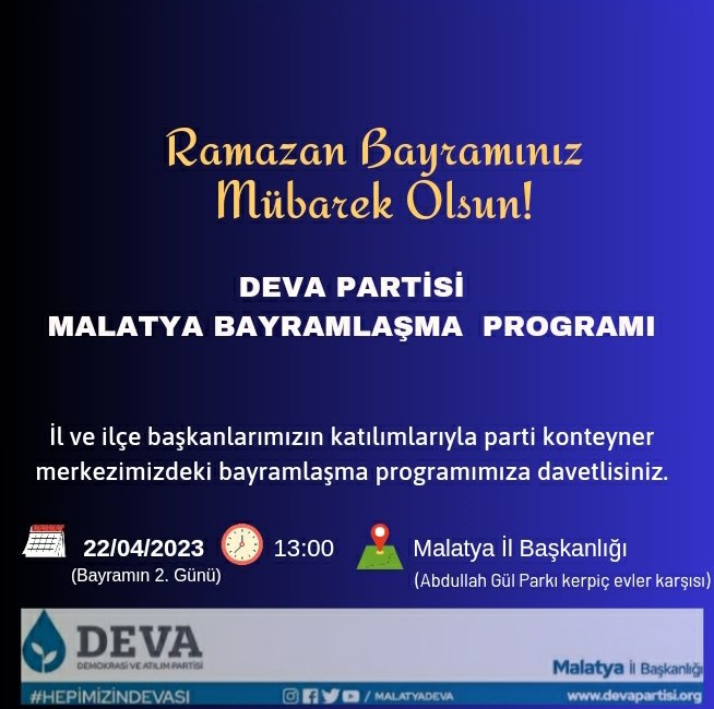 MalatyadaDeva's tweet photo. Ailenizle, sevdiklerinizle, sağlıkla ve huzurla geçireceğiniz bir bayram olması dileğiyle… 

Herkese iyi bayramlar…
#RamazanBayramı 
#RamazanBayramınızKutluOlsun https://t.co/D7vcXqnV1U