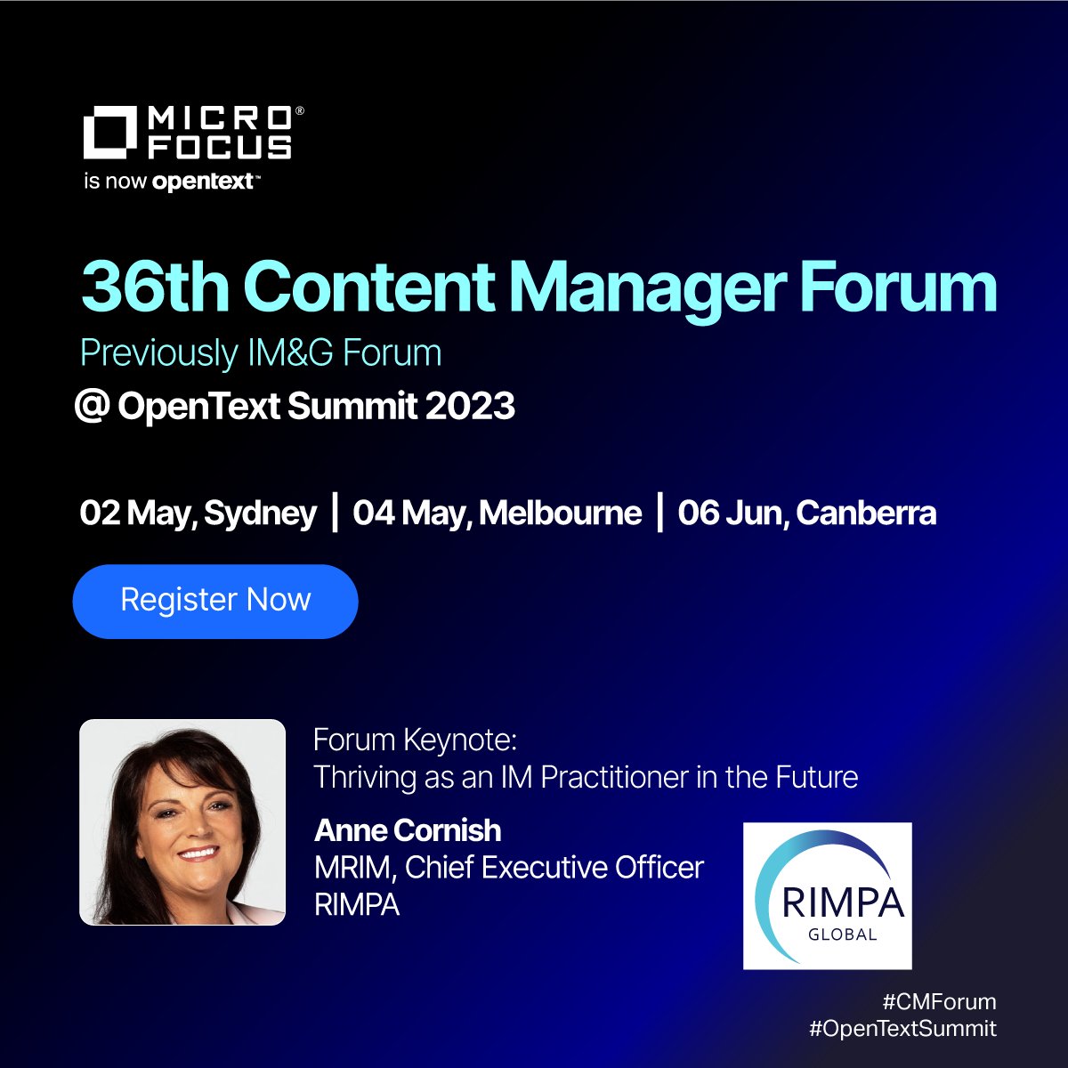 VoightBrandon's tweet photo. Register now to join the Content Manager Forum in Sydney on 2 May, Melbourne on 4 May or Canberra on 6 June. Hear from Anne Cornish, MRIM, CEO of RIMPA, who will explore key skills essential for IM practitioners to thrive in the future.  #MyCompany https://t.co/6iOwBT0zrH https://t.co/TKjCVeyyfl