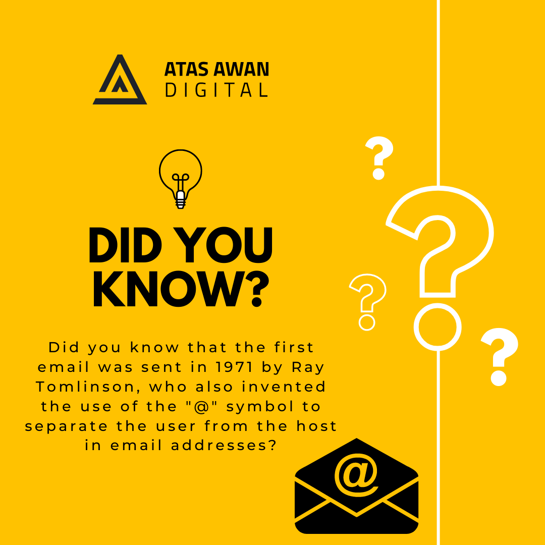 Did you know that the first email was sent in 1971?#ITfunfacts #didyouknowIT #technologytrivia #geekout #techhistory #computerscience #digitalhistory #technologyfacts #technologyhistory #techtrivia #email #RayTomlinson #emailhistory #techsavvy #atasawandigital