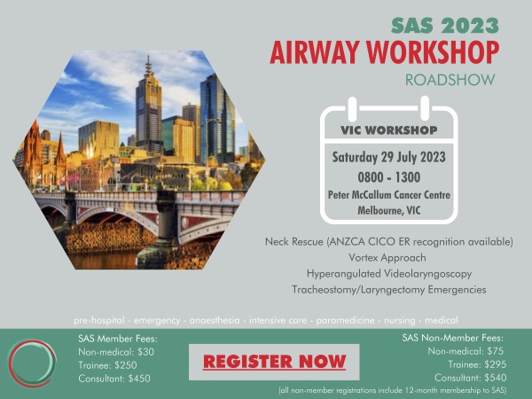 SAS announces its 2023 Airway Workshop Roadshow coming to Vic, WA &amp; NZ.  

1st stop Melb on Sat 29th July

Open to airway operators &amp; assistants from all disciplines.

Non-member registrations incl 12 mths SAS membership!

Limited places! Register here:safeairwaysociety.org/eventdetails/1…