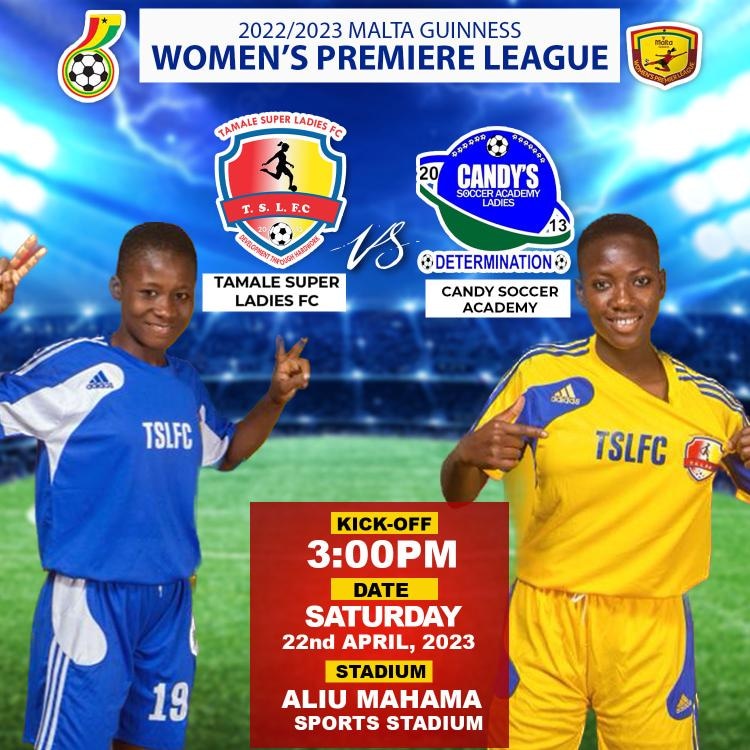 • ||| 𝐔𝐏 𝐍𝐄𝐗𝐓 🔜

🆚 Candy Soccer Academy 
🏟Aliu Mahama sports stadium 
📅 Saturday 22nd April 2023
⌚️  3:00Pm GMT 
🏆 Malta Guiness Women’s Premier League

#tamale_super_ladies #WeAreSuper
#WeAreHereToStay
💛❤️🤍💙
 #MaltaGuinnessWPL # ✨🇬🇭