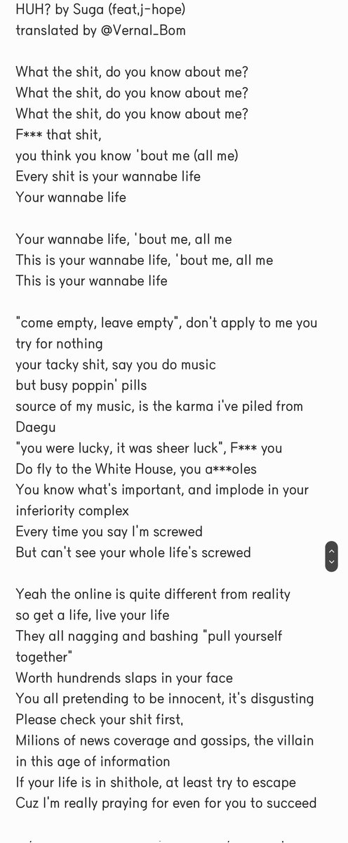 Vernal_Bom's tweet photo. HUH?! (feat. j-hope)
lyrics translation 

Part 1

(warning: Explicit language) https://t.co/UlCQYLwjR0