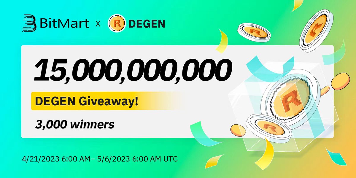 🌟BitMart X DEGEN Listing Airdrop

1⃣Follow <a href="/BitMartResearch/">BitMart Research｜$BMX HODLer</a> &amp; <a href="/BitMartExchange/">BitMart</a> &amp; <a href="/DegenReborn/">DegenReborn</a> 

2⃣Join t.me/BitMartExchang… &amp; t.me/DegenRebornCom…

3⃣RT &amp; Tag 3 frds

4⃣Fill forms.gle/ypdiDxdJ3ZJkKH…

🎁3,000 winners / 15,000,000,000 DEGEN
Register👉 bitmart.com/register-refer…