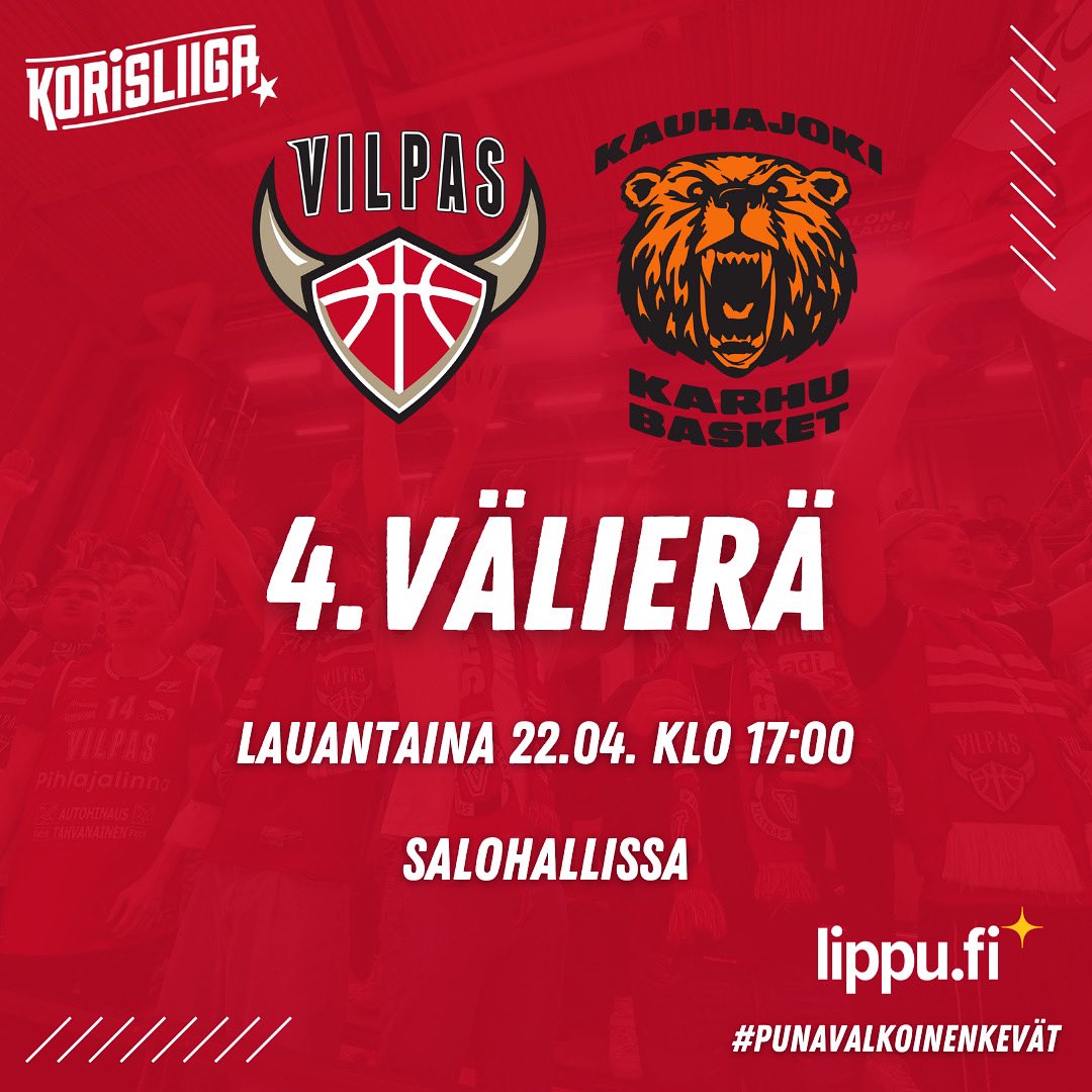 Välierien tulikuuma GAME 4 tulevana lauantaina Salohallissa klo 17:00! 🔥 

Saavu paikan päälle näyttämään Salohallin voima ja huutamaan Kauhajokisten vellikellot hiljaiseksi 🔕

Liput ennakkoon 👉🏻 lippu.fi

#korisliiga #vilpas #punavalkoinenkevät