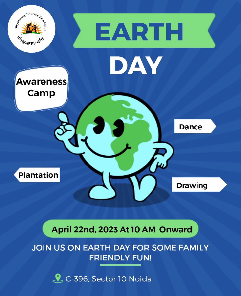 EducareDtef's tweet photo. Divyatarang Educare Foundation is going to held an awareness camp on this Earth Day on 22 April, 2023.
In which kids can participate in plantation, drawing Competition and Dance competition. 
🌍
#divya_tarang_educare_foundation 
#earthday2023
#Save_Earth 
#Awarness_Campaign https://t.co/LZdYKwmkZs