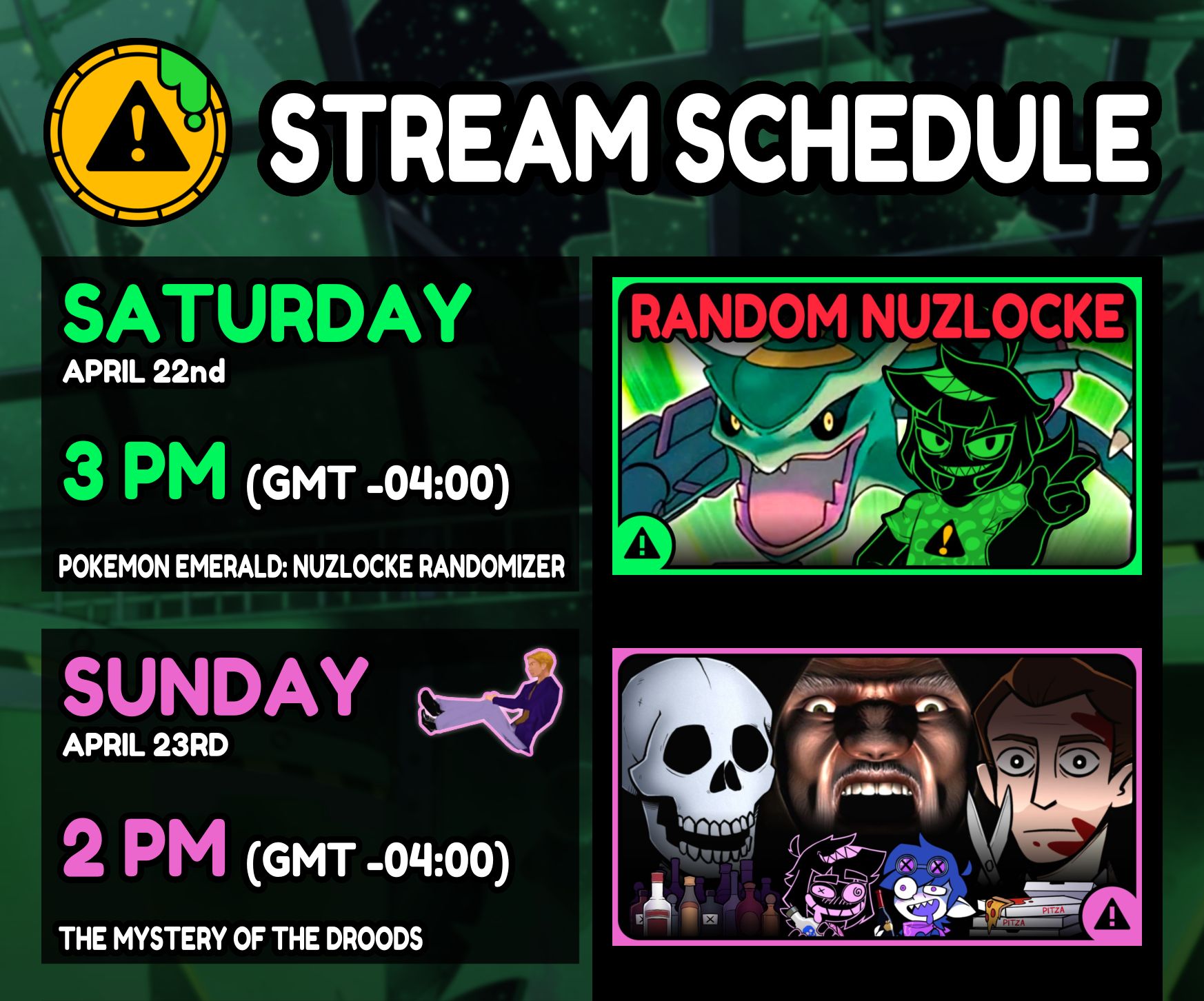 phisnom (CHECK PINNED!) 🧪⚠️ on X: 🗓️IT'S THE #PHISTREAM SCHEDULE! -  playing some Pokemon Emerald Randomizer, Nuzlocke Edition w/ @cacozone on  Saturday. - THE MYSTERY OF THE DRUIDS DRINKING STREAM W/ @StupidButterfIy