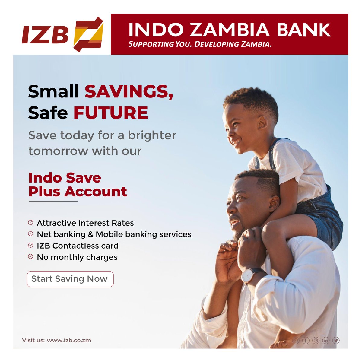 Start investing now and watch your hard-earned money grow with IZB!

#IndoZambiaBank #LetsGrowTogether #SupportingyouDevelopingZambia #IZB #FinancialStability #InvestingForChildren #IZBSavePlusAccount #FutureInvestment #SaveAndInvest #SecureYourFuture #SaveForFuture