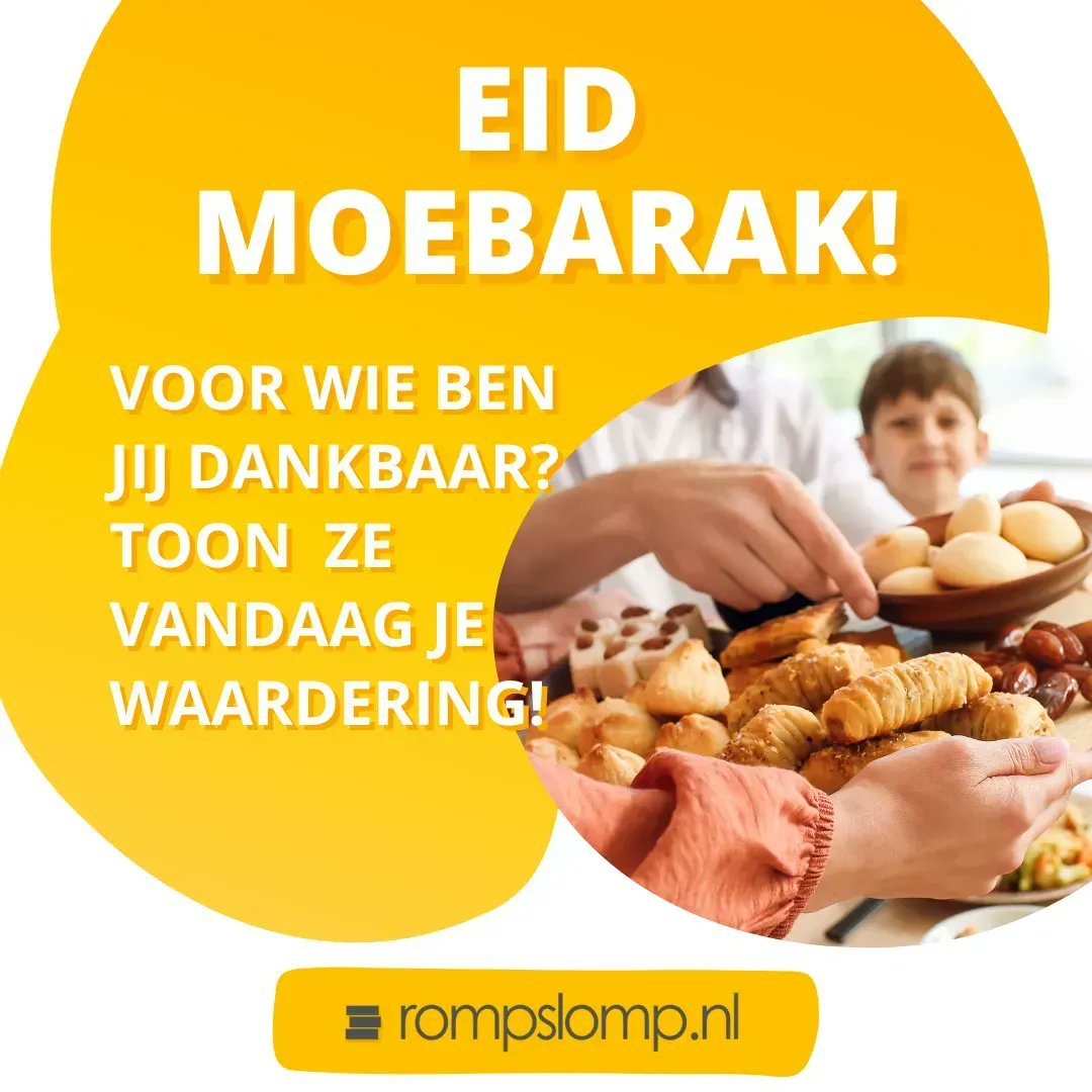 Vandaag is het Suikerfeest, en dat staat in het teken van samenzijn, vergeving en dankbaarheid. Wij hopen dat iedereen goed de tijd neemt om waardering te tonen aan hun geliefden. 💛

Rompslomp wenst iedereen een prachtige dag toe! Eid Moebarak!