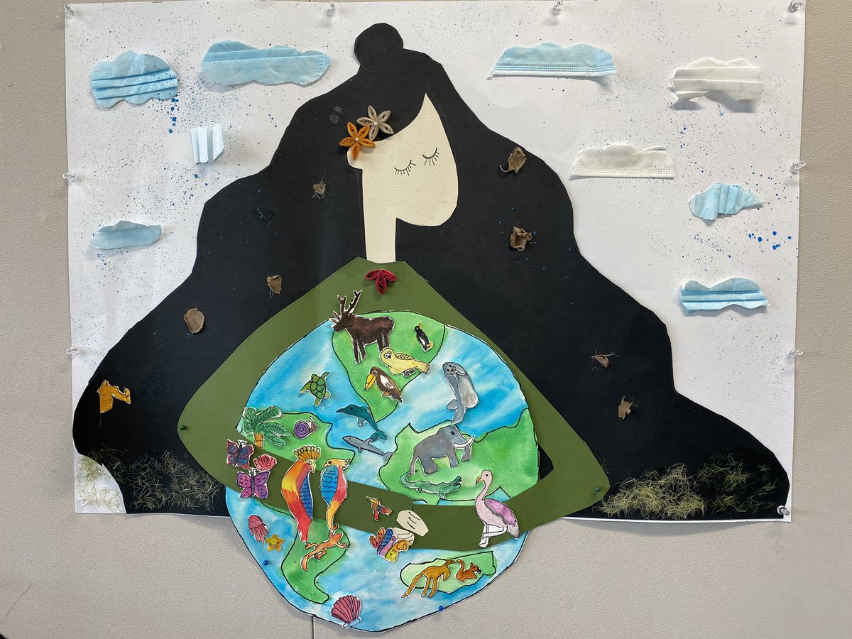 davecaleb's tweet photo. A beautiful display in @maifaf’s grade 1 class at #uwcsea_east using various mediums like card, paint and even old masks for the clouds. #MotherEarth #uwcsea #uwclearn https://t.co/AmCQcssc9X