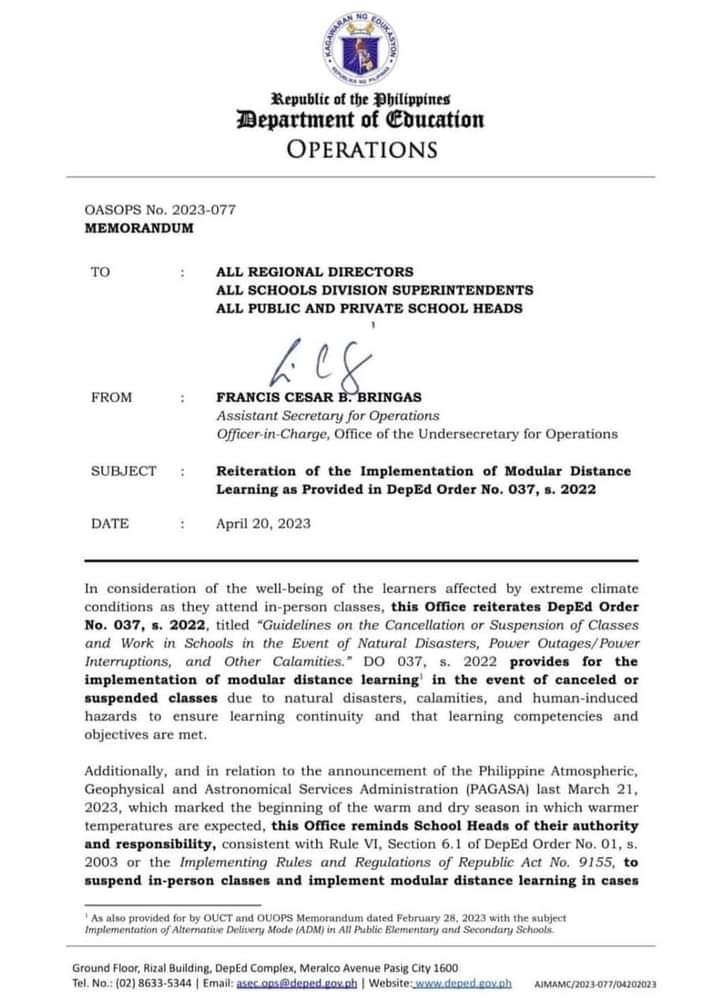 neorichcel's tweet photo. Thank God!DepEd released a memorandum yesterday,reiterating d Implementation of Modular Distance Learning as provided in DepEd Order #037, s.2022.This,together with d publication of PAGASA re heat indices r d same premises I cited for writing d request letter 2 d school principal https://t.co/tOz9vWuNoB