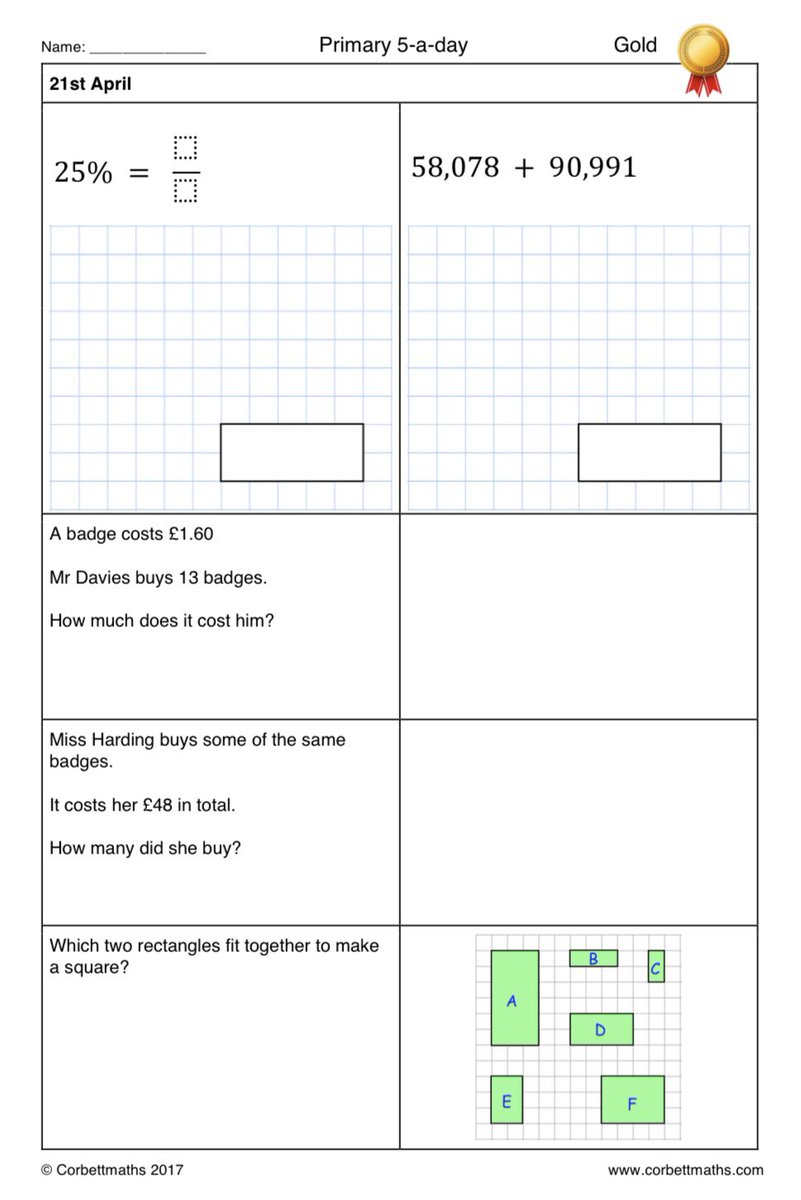 Corbettmaths on Twitter: "Primary 5-a-day with 4 levels of difficulty: bronze, silver, gold and ...