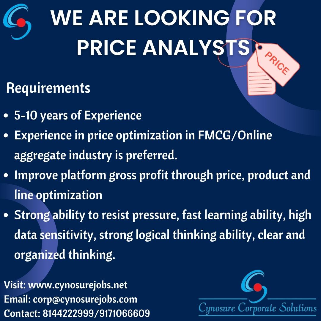 We are hiring Price Analysts to work in Bangalore

For more information, visit: jobs.cynosurejobs.net/jobs/Careers/2…

Send your CV to: corp@cynosurejobs.com
Contact: 8144222999/ 9171066609

#jobs #jobopening #hiring #bangalorejobs #cynosurejobs #priceanalyst #pricestrategy #priceadjustment
