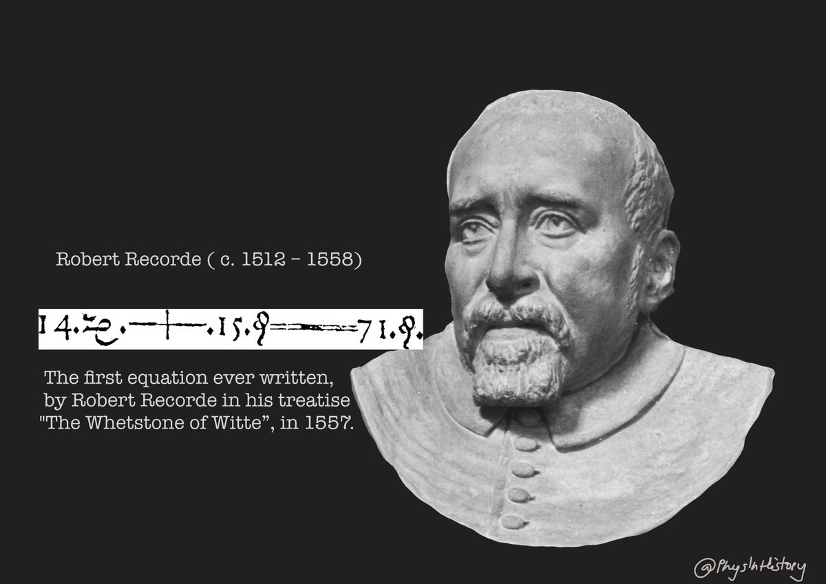 PhysInHistory's tweet image. The equals sign &quot;=&quot; was first introduced by Welsh mathematician Robert Recorde in 1557 in his book &quot;The Whetstone of Witte.&quot; 

Recorde wrote that he created the symbol to avoid the tedious repetition of the words &quot;is equal to.&quot; He chose two parallel lines of equal length to…