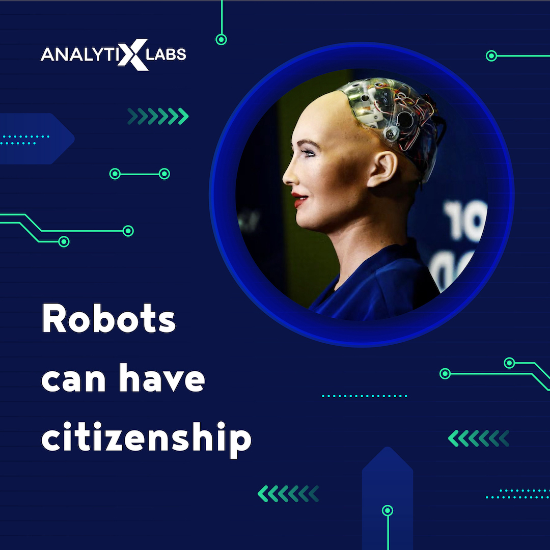 AnalytixLabs's tweet photo. Saudi Arabia has given citizenship to a robot named Sophia and has earned the title of Innovation Champion. #robotcitizenship #ai #robotics #deeplearning #machinelearning #machinelearningalgorithms #machinelearningtraining https://t.co/i29YdgQMAF
