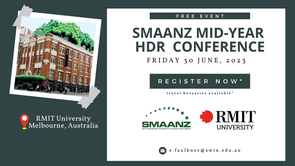 SMAANZ (@smaanzboard) on Twitter photo We are thrilled to announce that registrations & abstract submissions are now open for the SMAANZ Mid-Year HDR Conference.
The event will take place on Friday, June 30, 2023 at <a href="/RMIT/">RMIT University</a>, Melbourne.
💵Bursaries are available for SMAANZ members
✨More info: smaanz.org/news/smaanz-mi… We are thrilled to announce that registrations & abstract submissions are now open for the SMAANZ Mid-Year HDR Conference.
The event will take place on Friday, June 30, 2023 at <a href="/RMIT/">RMIT University</a>, Melbourne.
💵Bursaries are available for SMAANZ members
✨More info: smaanz.org/news/smaanz-mi…