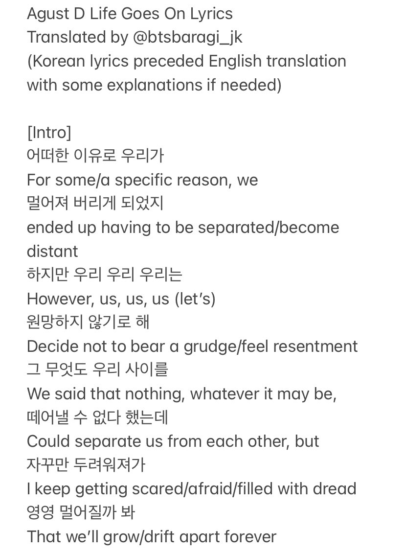 btsbaragi_jk's tweet photo. Agust D Life Goes On 
Lyrics transcript + English Translation (5 pages total; continues in thread along with dark mode) https://t.co/98wQEIces9