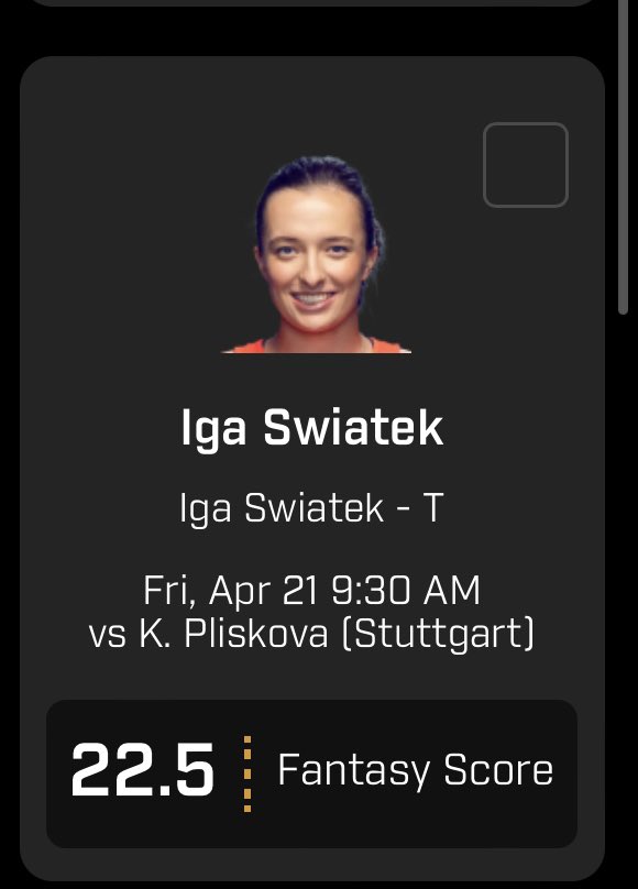 HiddenGoldDFS's tweet photo. 🚨POTD IGA Over 22.5 Fantasy🚨 she dominates her opponent and I see her winning this in a quick 2 sets with a couple aces this should be a great over #csgo #prizepicks #esports #gamblingtwitter #PrizePicksNBA #prizepickscsgo #nba #nhl #POTD https://t.co/VWxPfbilEv