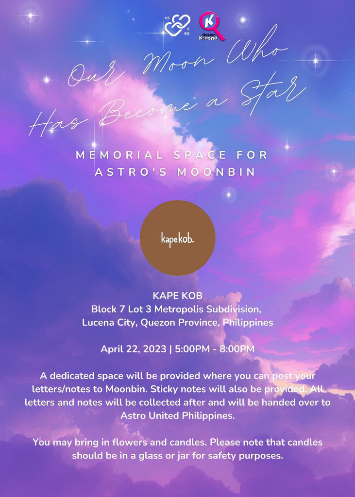 QuezonKzone's tweet photo. OUR MOON WHO HAS BECOME A STAR
Memorial Space for ASTRO's MoonBin

📍KAPE KOB
Block 7 Lot 3 Metropolis Subdivision,
Lucena City, Quezon Province, Philippines

April 22, 2023 | 5:00PM - 8:00PM

tysm @KPOPSTANS4GG @astrounitedph https://t.co/JwmzueFRfT
