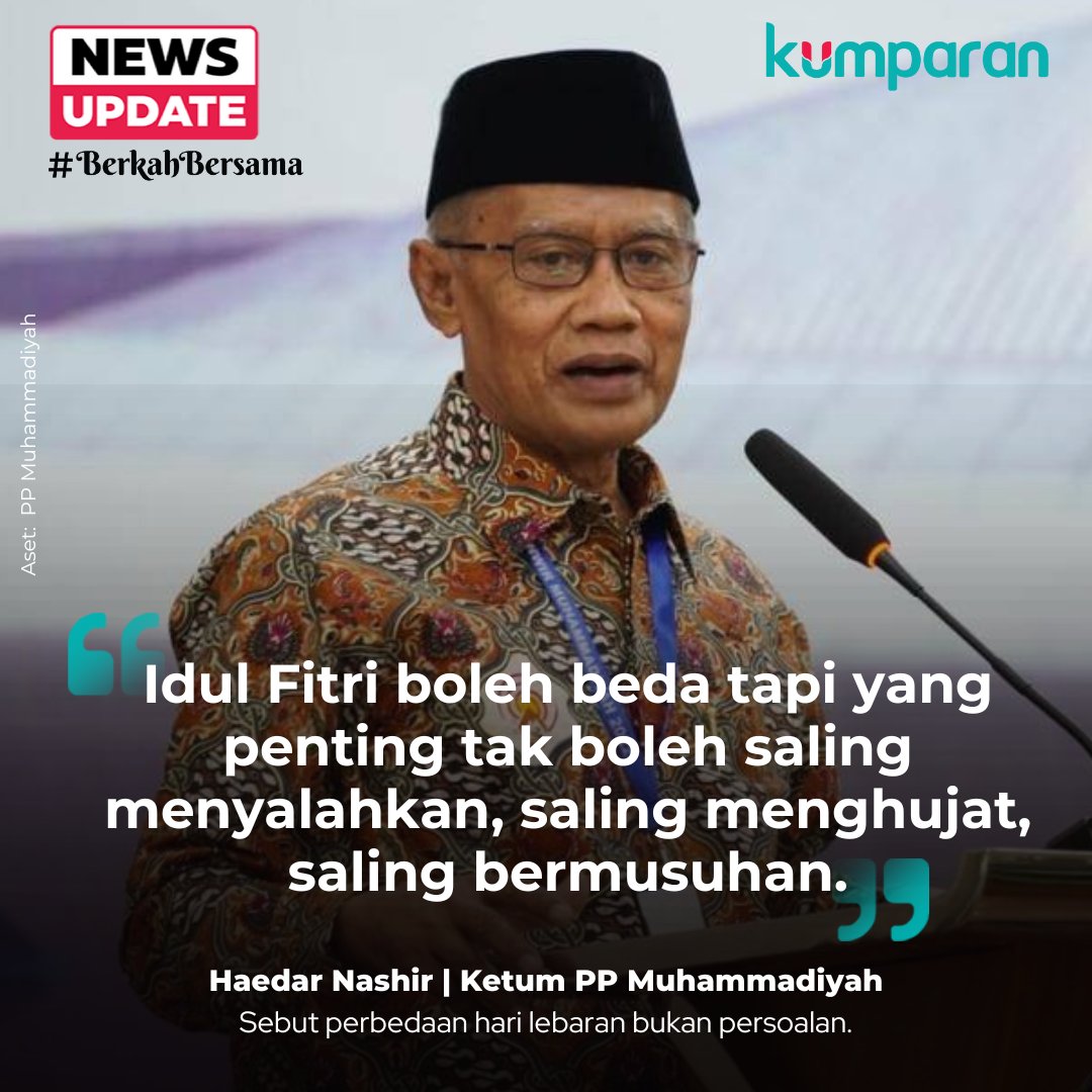 kumparan's tweet photo. Ketua Umum PP Muhammadiyah Haedar Nashir menyebut perbedaan Idul Fitri bukan merupakan persoalan. Dia mengimbau perbedaan tersebut tidak diwarnai dengan hujatan. #newsupdate #update #news #postr https://t.co/qQE0UGr5LU https://t.co/KIuJFqcq4g