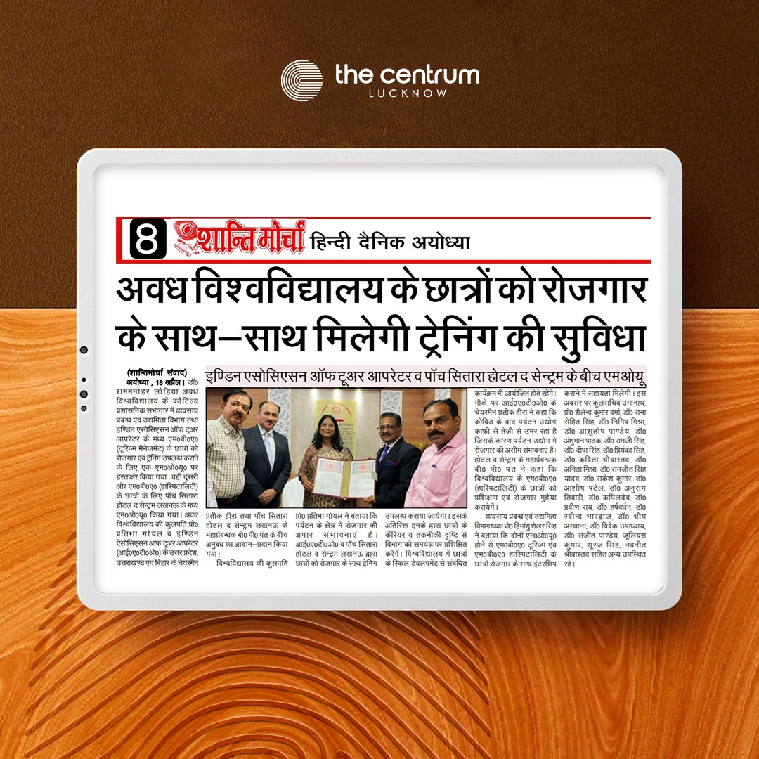 thecentrumlkn's tweet photo. Upskilling the future of Indian Tourism with the best training facilities. 
Recently The #IATO and #TheCentrum Hotel signed an MoU aimed at providing employment and skill development training to students of MBA in Tourism Management at Dr. Rammanohar Lohia Avadh University. https://t.co/Ndch3q9CJf