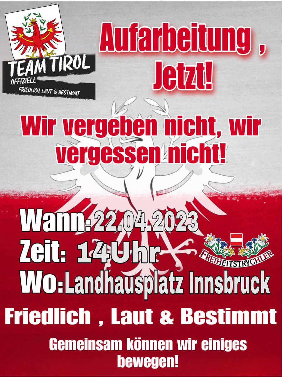 TeamTirolOffizi's tweet photo. Und immer daran denken, wenn jeder einen anderen mitbringt, sind wir morgen schon doppelt so viele. 💪
Lg  euer Team_Tirol_Offiziell https://t.co/Ugt8Q14xMC